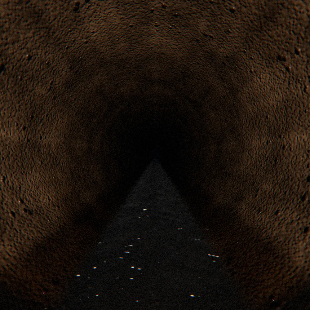 The main line as the inspection camera sees it: a wet clay pipe lit by the camera lamp